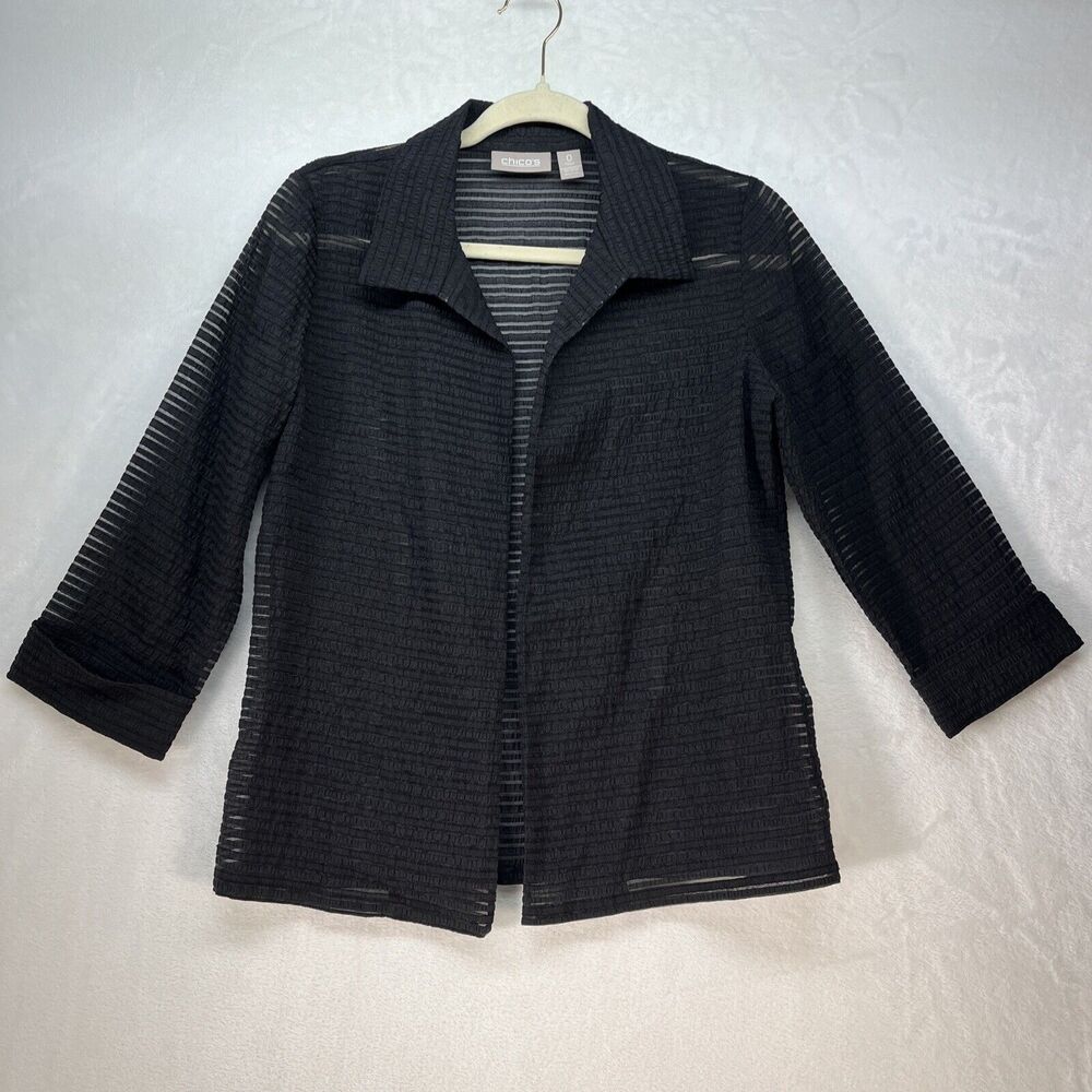 Chico’s Textured Open Front Sheer Jacket Women’s‎ Sz Small Black Classic Minimal